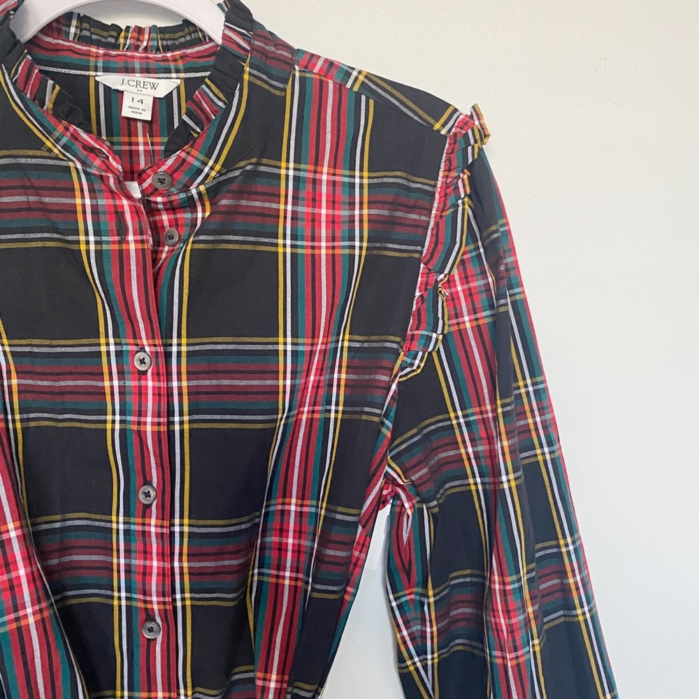 J. Crew Factory Ruffle Neck Shirt Dress Stewart Plaid Size 14 Holiday Christmas - Picture 7 of 13